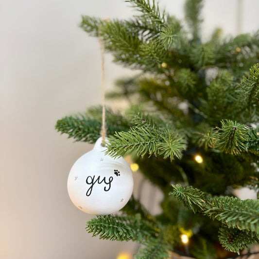 Personalised White Ceramic Bauble with Silver Stars
