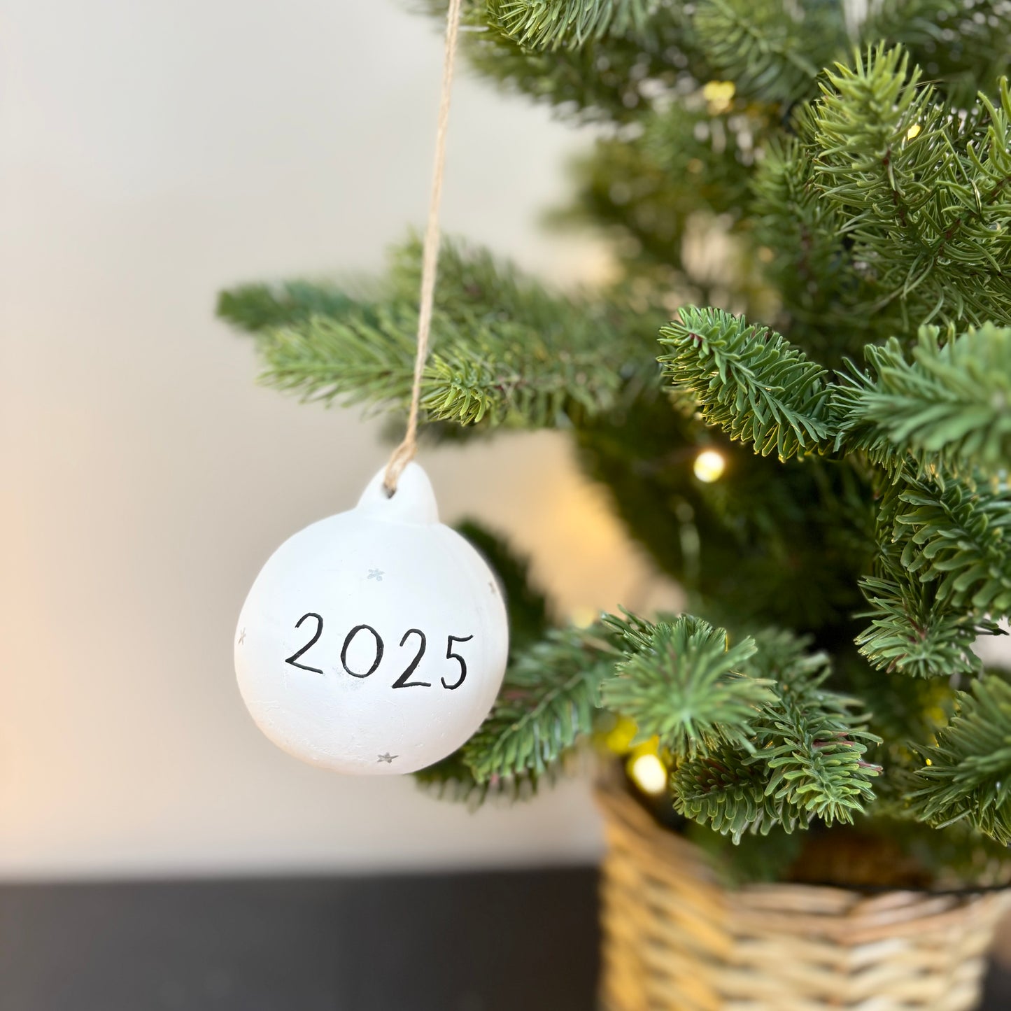 Personalised White Ceramic Bauble with Silver Stars