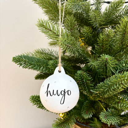 Personalised White Ceramic Bauble with Silver Stars